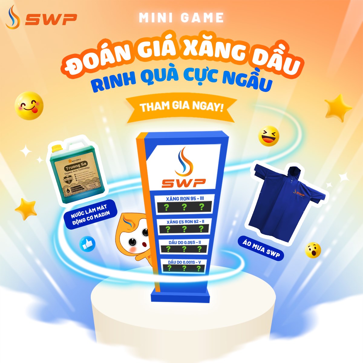 Minh họa minigame Đoán giá xăng dầu - Rinh quà cực ngầu, với các icon biểu cảm, ngôi sao, bảng hiệu cây xăng, phần thưởng áo mưa và nước làm mát cùng mascot hình giọt dầu của Tây Nam SWP.