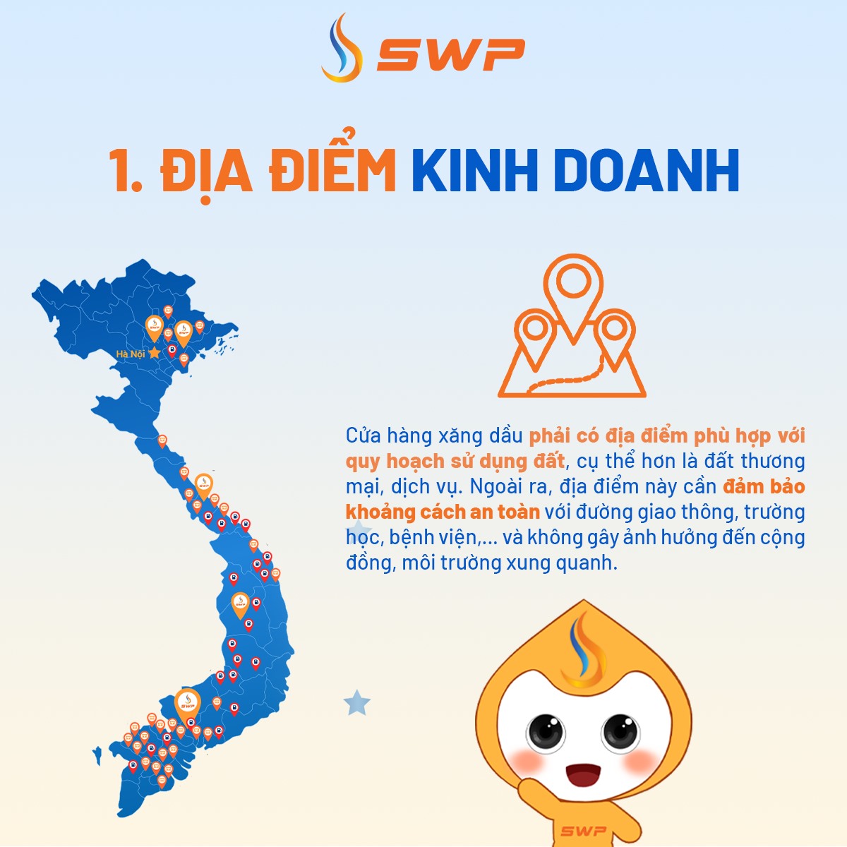 Bản đồ Việt Nam minh họa các điểm đủ điều kiện mở cửa hàng xăng dầu theo quy hoạch được phê duyệt, thương hiệu SWP.