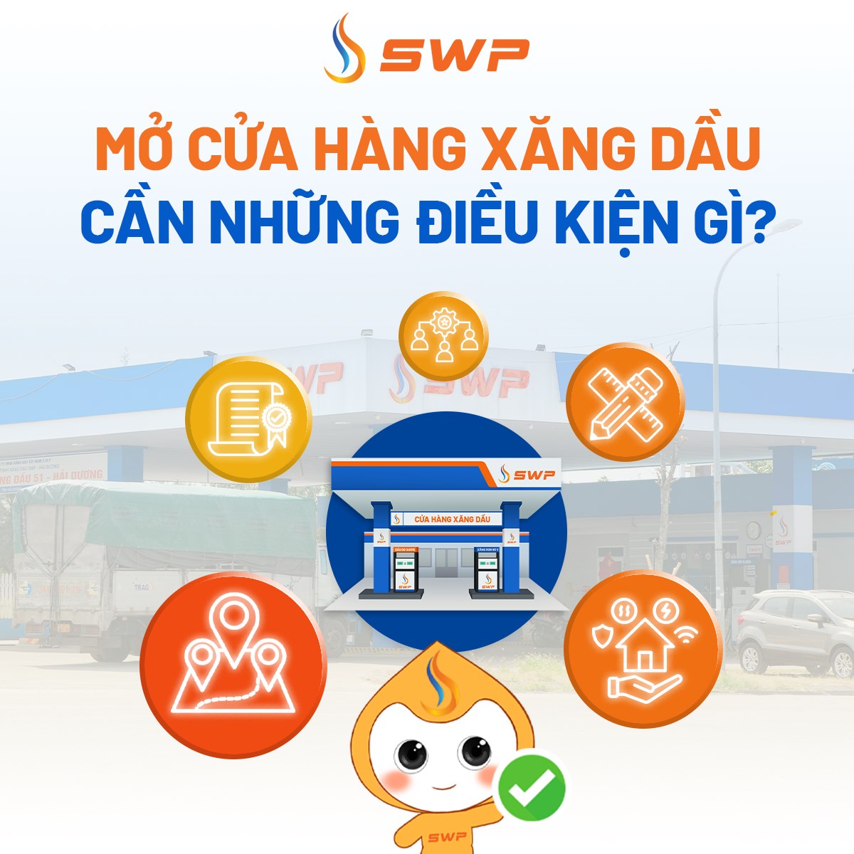 Tổng hợp biểu tượng các điều kiện mở cửa hàng xăng dầu SWP gồm thiết kế, nhân sự, pháp lý, môi trường và địa điểm hợp quy hoạch.