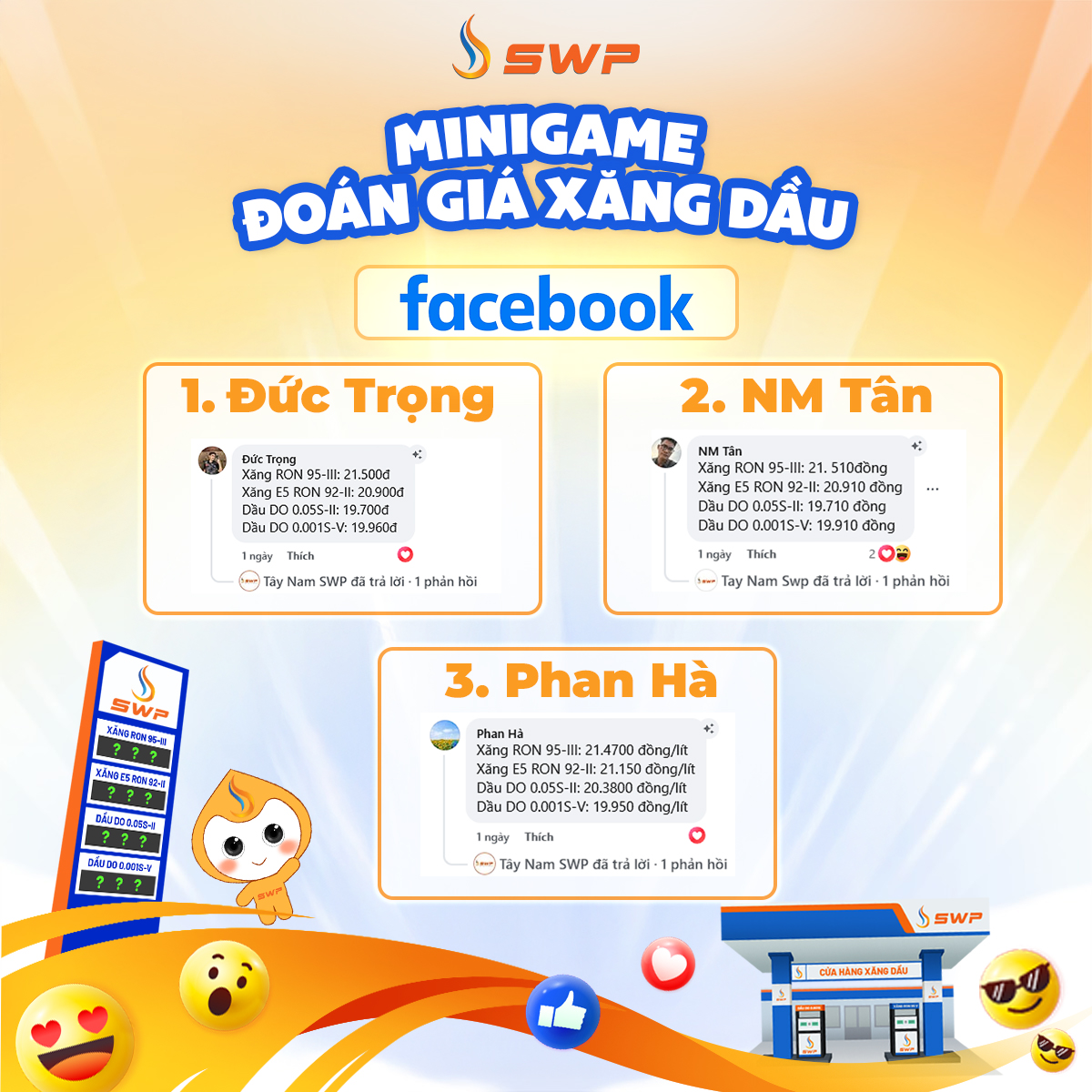 Kết quả minigame "Đoán giá xăng dầu - Rinh quà cực ngầu" trên nền tảng Facebook với 3 người chiến thắng.