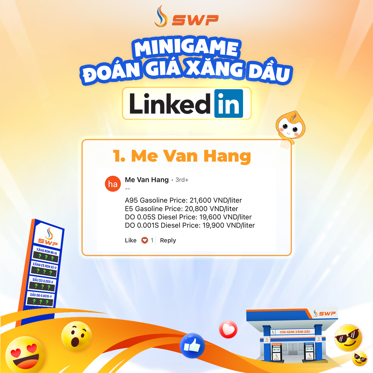 Kết quả minigame "Đoán giá xăng dầu - Rinh quà cực ngầu" trên nền tảng LinkedIn với 1 người chiến thắng.