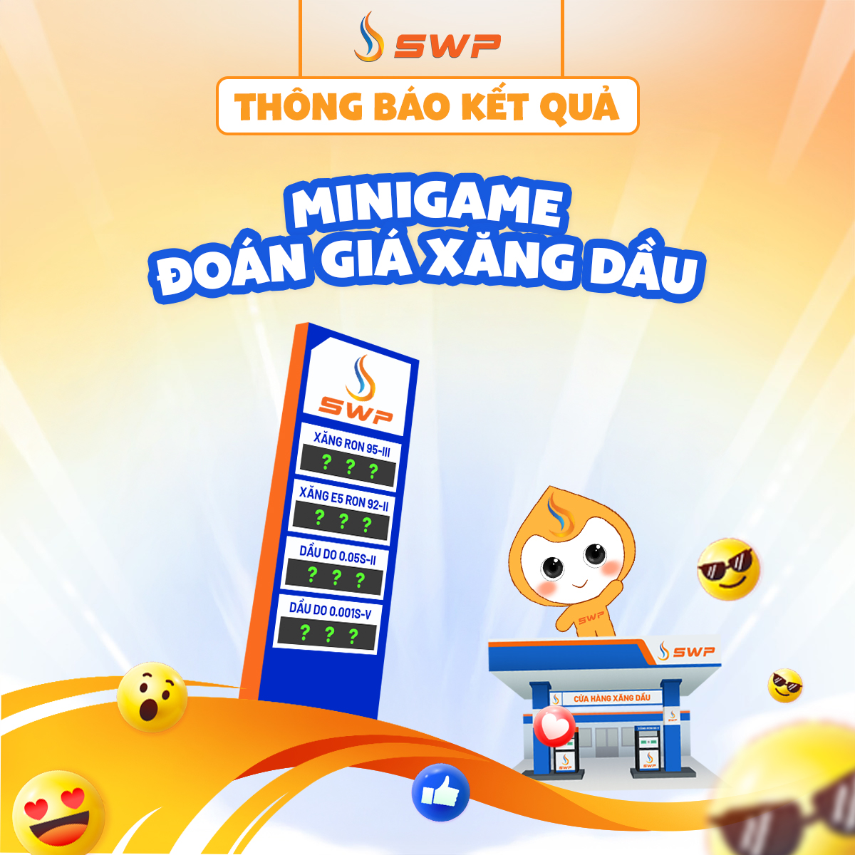 Poster thông báo kết quả minigame "Đoán giá xăng dầu - Rinh quà cực ngầu" với mascot giọt dầu đang chỉ tay và nhìn lên.