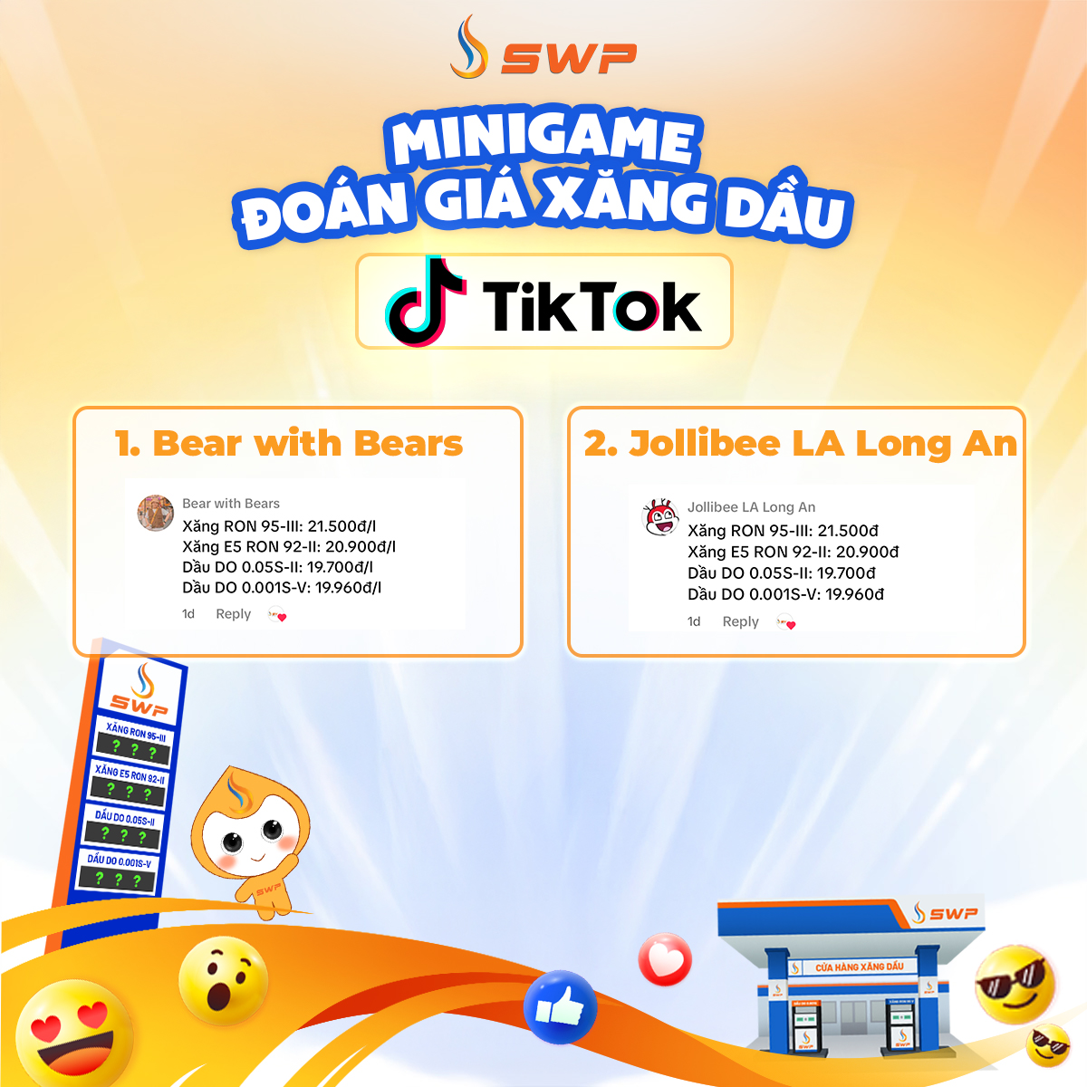 Kết quả minigame "Đoán giá xăng dầu - Rinh quà cực ngầu" trên nền tảng TikTok với 2 người chiến thắng.