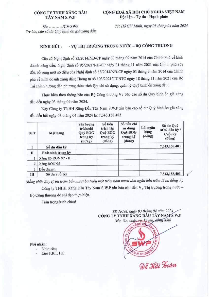 Báo cáo quỹ bình ổn xăng dầu tháng 4 năm 2024