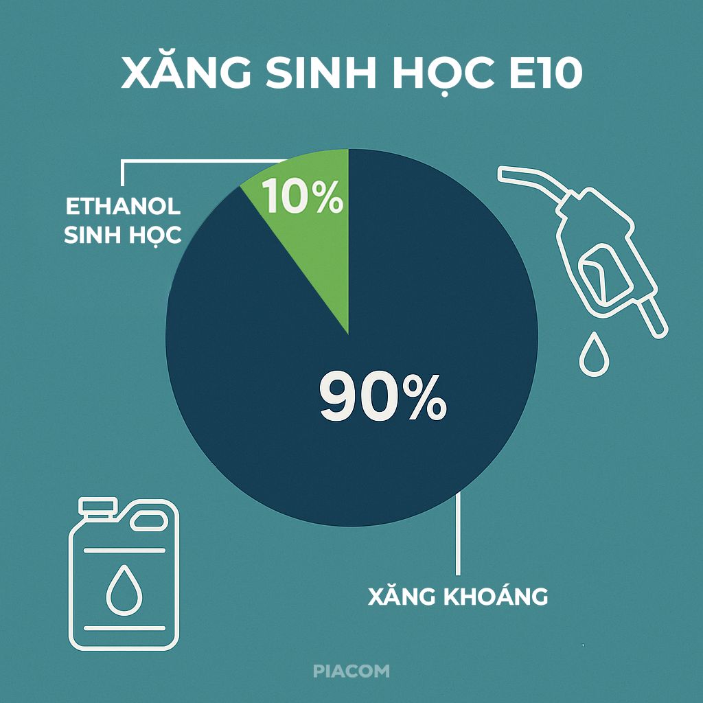 Xăng sinh học E10 gồm 10% ethanol và 90% xăng khoáng